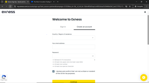 A screenshot of Exness and not the UWA job application website.
