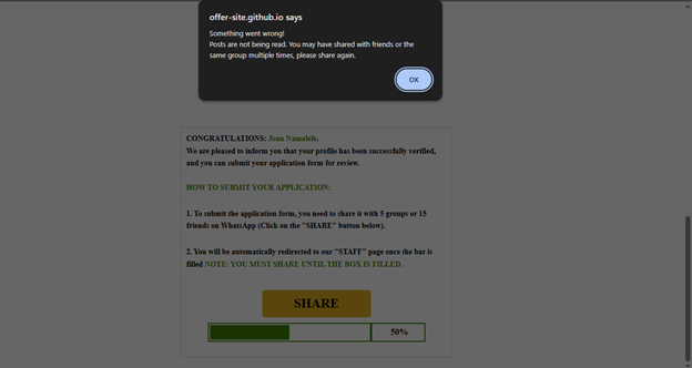 A screenshot showing the processing of your application each time you shared the link with your contacts