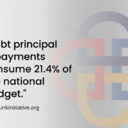 "Graphic by Debunk Media Initiative showing the text quote: 'Debt principal repayments consume 21.4% of the national budget' over an orange and white background."